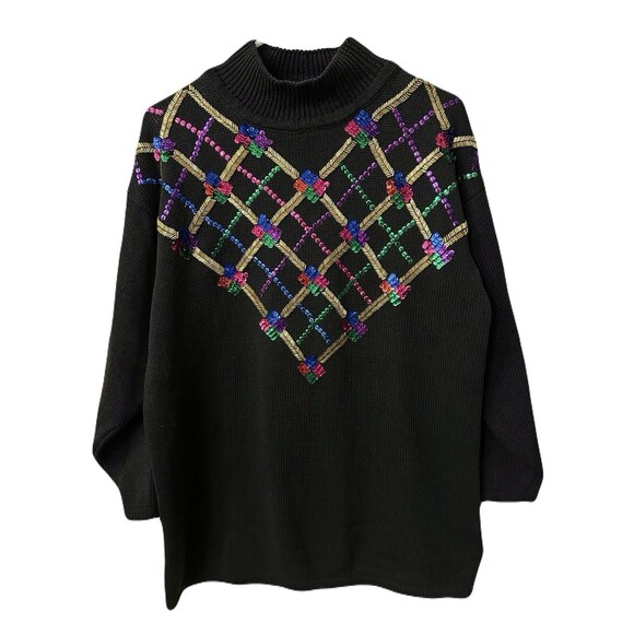 Colleen's Collectables Sweaters - Vintage 80s Womens Size Small Sequin & Beaded Black Mockneck Oversized Sweater